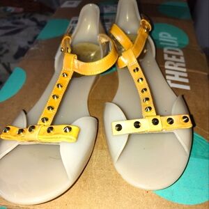 Stuart Weitzman Yellow Sandals with Cream Base and Decorative Straps